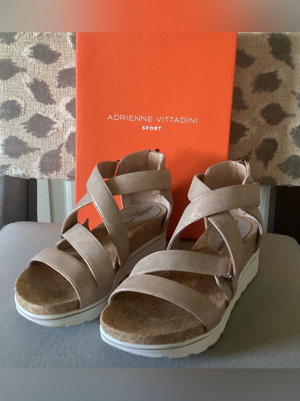 Adrienne Vittadini Taupe Strappy Wedge Sandals